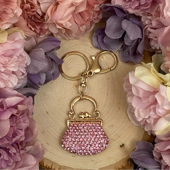Pink Crystal Clasped Handbag Keychain Charm - Picture 5 of 12